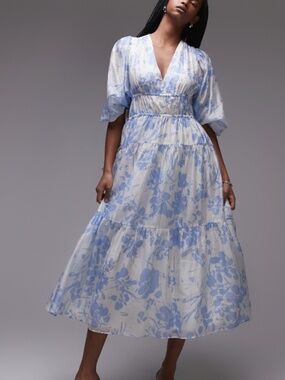 Light Blue Floral Puff-Sleeve Midi Dress - White/Blue